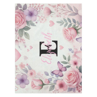 Monogram name floral hearts romantic watercolor  tablecloth