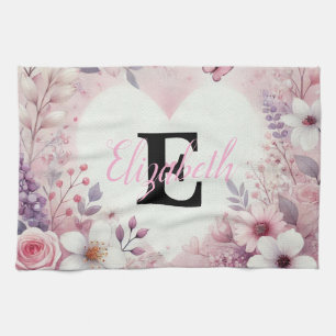 Monogram name floral hearts romantic watercolor tea towel