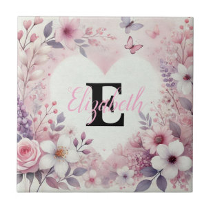 Monogram name floral hearts romantic watercolor  tile