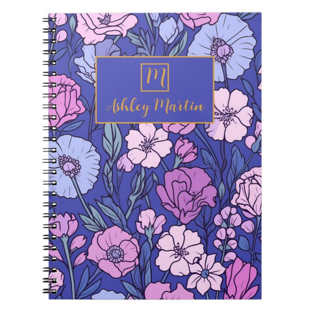 Monogram Name Floral Pattern Personalised Notebook (Front)