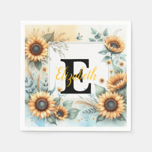 Monogram name floral sunflower pastel watercolor  napkin