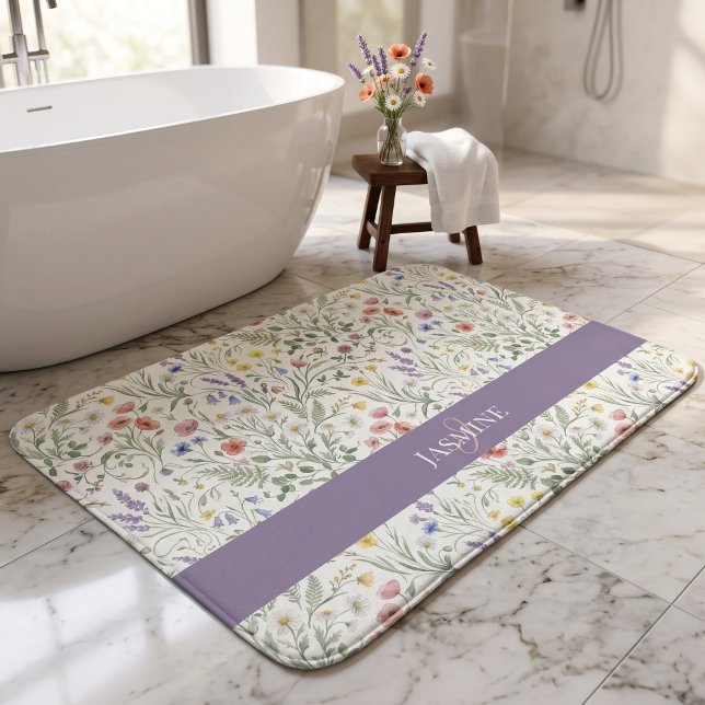 Monogram Name Floral Wildflower Boho Lavender Chic Bath Mat (Creator Uploaded)