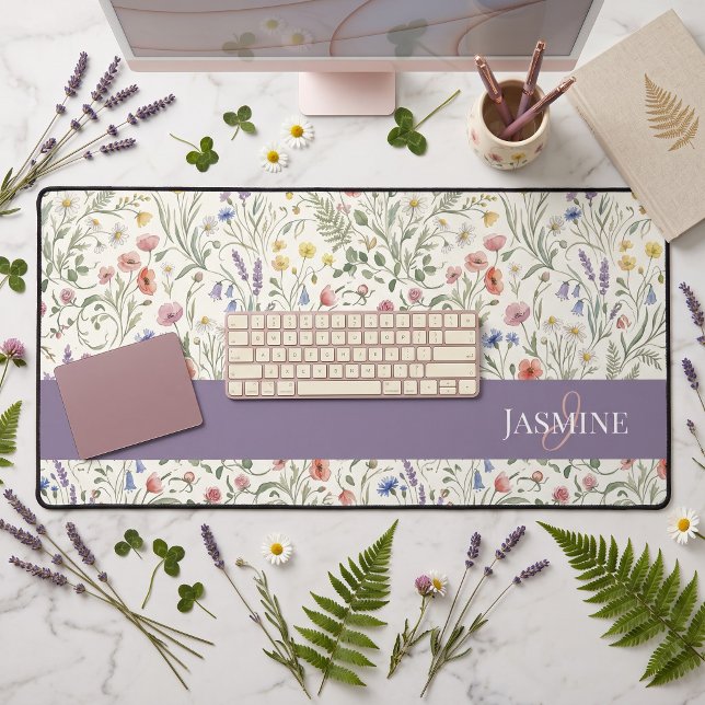 Monogram Name Floral Wildflower Boho Lavender Chic Desk Mat (Creator Uploaded)