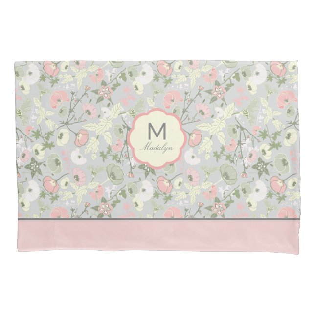 Monogram Name Flowers Pink Green Home Decor Pillowcase (Front)
