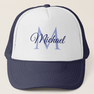 Monogram Name For Her For Him White And Navy Trucker Hat
