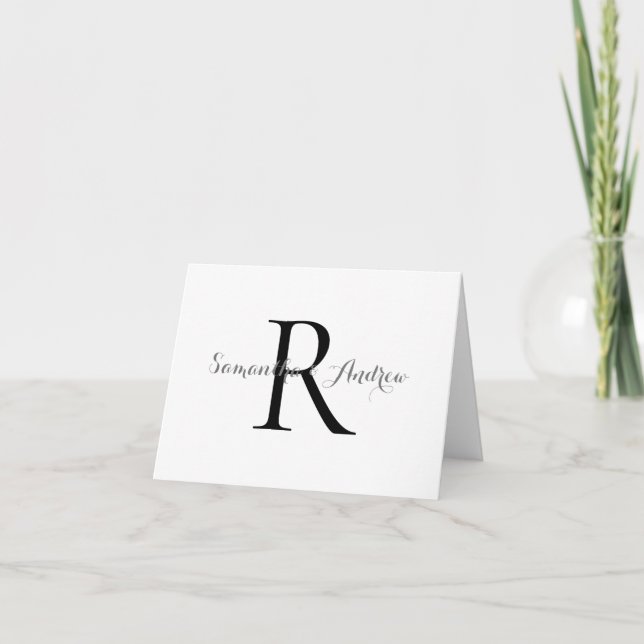 Monogram Name Formal Black Grey Elegant Wedding Thank You Card (Front)