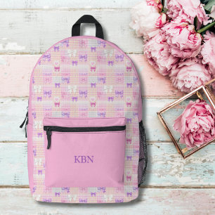 Monogram Name Gingham Coquette Bows Pink Girls Printed Backpack