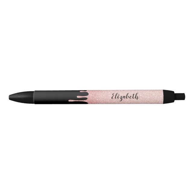 Monogram Name Girly Pink Dripping glitter Black Ink Pen (Front)