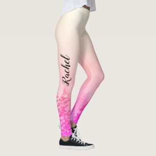 Monogram Name Girly Pink Trees Nature White Leggings