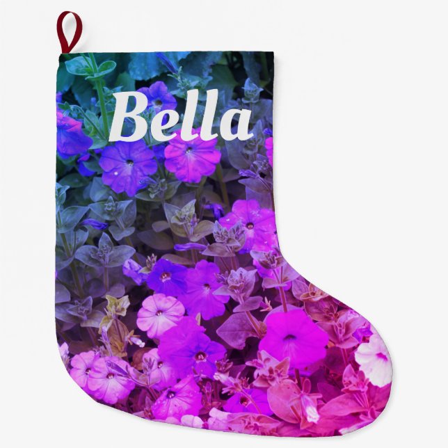Monogram Name Girly Purple Pink Floral Flowers Large Christmas Stocking (Front)