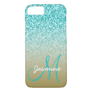 Monogram Name Girly Teal Glitter Gold Ombre Case-Mate iPhone Case