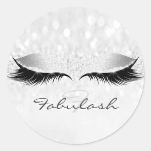 Monogram Name Glitter Grey Eye Lash Girl 16 Silver Classic Round Sticker