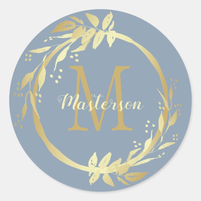 Monogram Name Gold Dusty Blue Christmas Wreath Classic Round Sticker (Front)