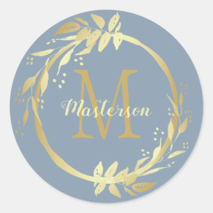 Monogram Name Gold Dusty Blue Christmas Wreath Classic Round Sticker