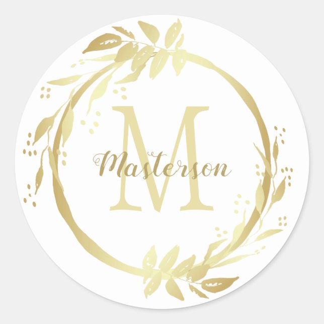 Monogram Name Gold White Christmas Wreath Classic  Round Sticker (Front)