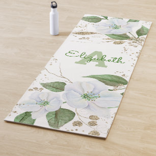Monogram Name Gold White Watercolor Floral Script Yoga Mat