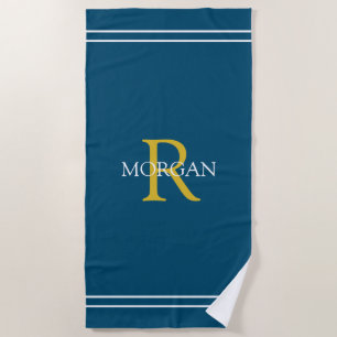 Monogram/Name Gold/Wht Text Wht Stripes Ocean Blue Beach Towel