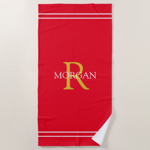 Monogram/Name Gold/Wht Text, Wht Stripes, Red Beach Towel