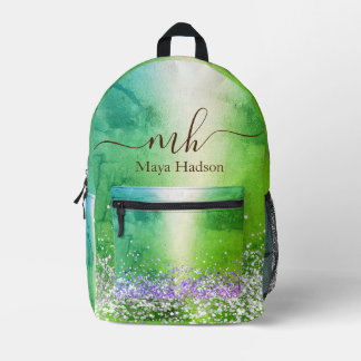 Monogram Name Green Metallic Glitter Printed Backpack