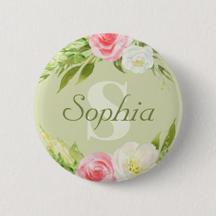 Monogram Name Green Pink Watercolor Floral 6 Cm Round Badge