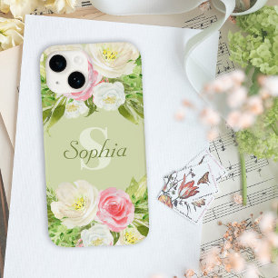 Monogram Name Green Pink Watercolor Floral Case-Mate iPhone 14 Case