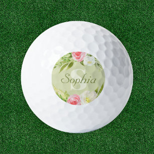 Monogram Name Green Pink Watercolor Floral Golf Balls