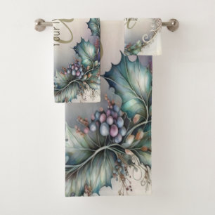 Monogram Name Green Purple Leaves Rustic Elegant Bath Towel Set