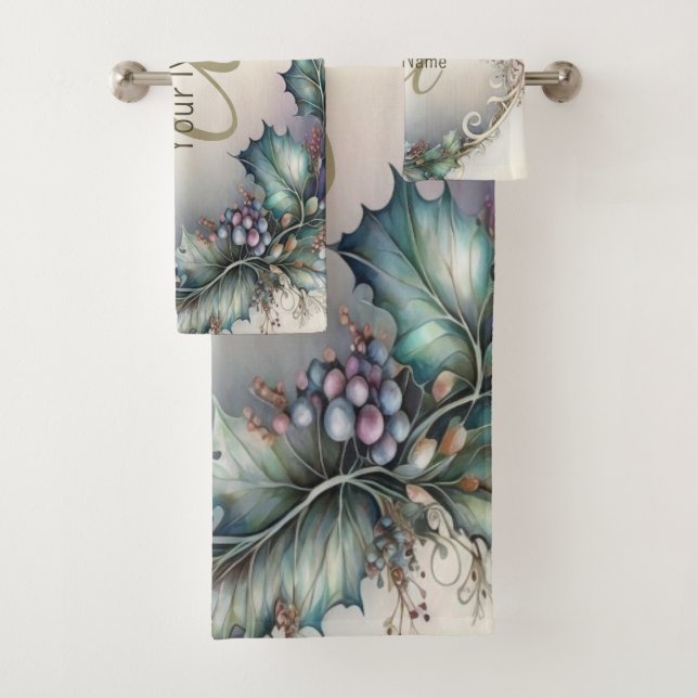 Monogram Name Green Purple Leaves Rustic Elegant Bath Towel Set (Insitu)