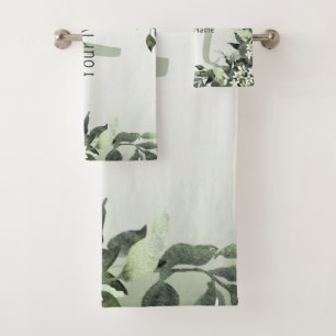 Monogram Name Greenery Floral Eucalyptus Leaves Bath Towel Set