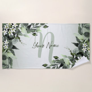 Monogram Name Greenery Floral Eucalyptus Leaves Beach Towel