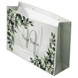 Monogram Name Greenery Floral Eucalyptus Leaves Large Gift Bag