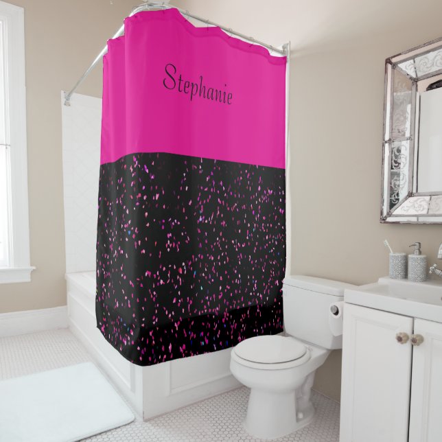 Monogram Name Hot Pink Glitter Patterns Black Shower Curtain (In Situ)