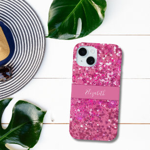 Monogram Name Hot Pink Glitter Sparkle Girly iPhone 15 Case