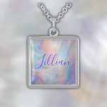 Monogram Name in Blue on Mother Of Pearl | Sterling Silver Necklace<br><div class="desc">A beautiful square sterling silver necklace with monogram name in blue on mother-of-pearl background.</div>