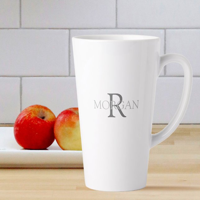 Monogram & Name in Grey Text Simple Trendy Design Latte Mug (Creator Uploaded)