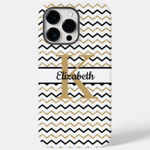 Monogram Name Initial Black Gold Chevron Zig Zag  Case-Mate iPhone 14 Pro Max Case