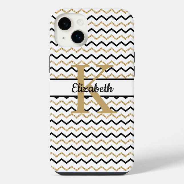 Monogram Name Initial Black Gold Chevron Zig Zag iPhone Case (Back)