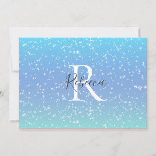 Monogram Name Initial Blue Green Sparkle Girly  Thank You Card