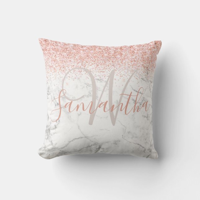 Monogram Name Initial Glitter Blush Silver Cushion (Front)