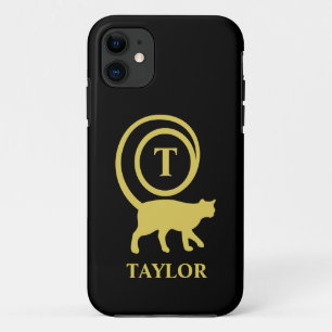 Monogram Name Initial Kitty Cat Lover Black Gold Case-Mate iPhone Case