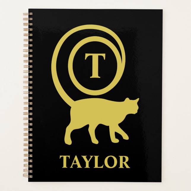 Monogram Name Initial Kitty Cat Lover Black Gold Planner (Front)