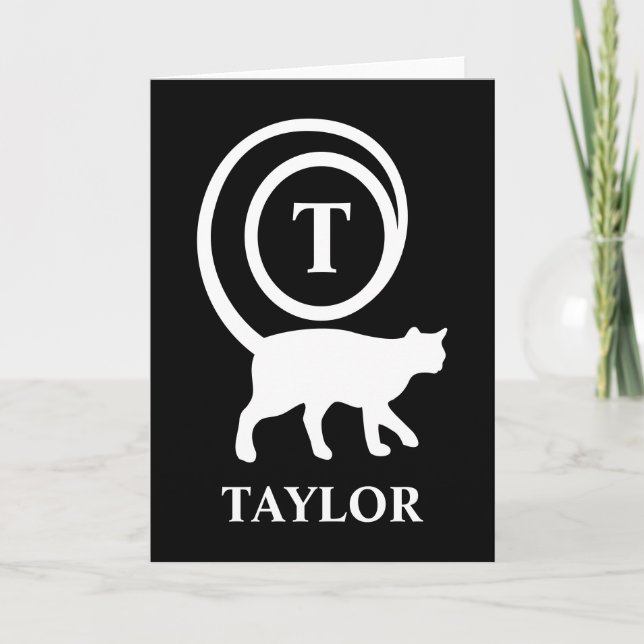 Monogram Name Initial Kitty Cat Lover Black White Card (Front)