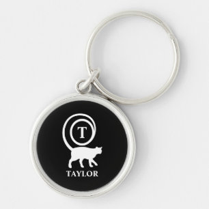 Monogram Name Initial Kitty Cat Lover Black White Key Ring