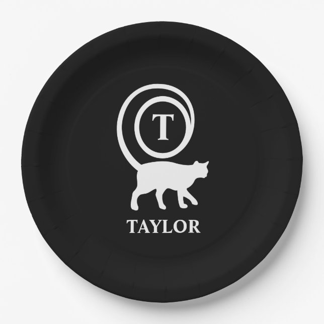 Monogram Name Initial Kitty Cat Lover Black White Paper Plate (Front)