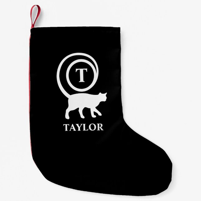 Monogram Name Initial Kitty Cat Lover Black White Small Christmas Stocking (Front)