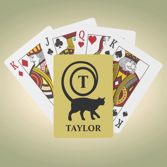 Monogram Name Initial Kitty Cat Lover Gold Black Playing Cards (Creator Uploaded)