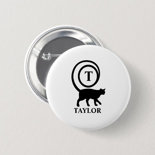 Monogram Name Initial Kitty Cat Lover White Black 6 Cm Round Badge (Front & Back)