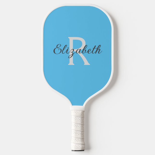 Monogram Name Initial Light Blue Grey White  Pickleball Paddle (Front)