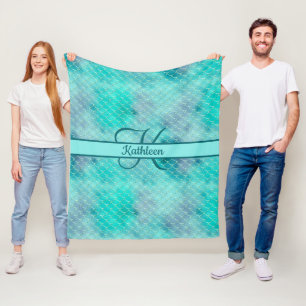 Monogram Name Initial Mermaid Blue Purple Green  Fleece Blanket