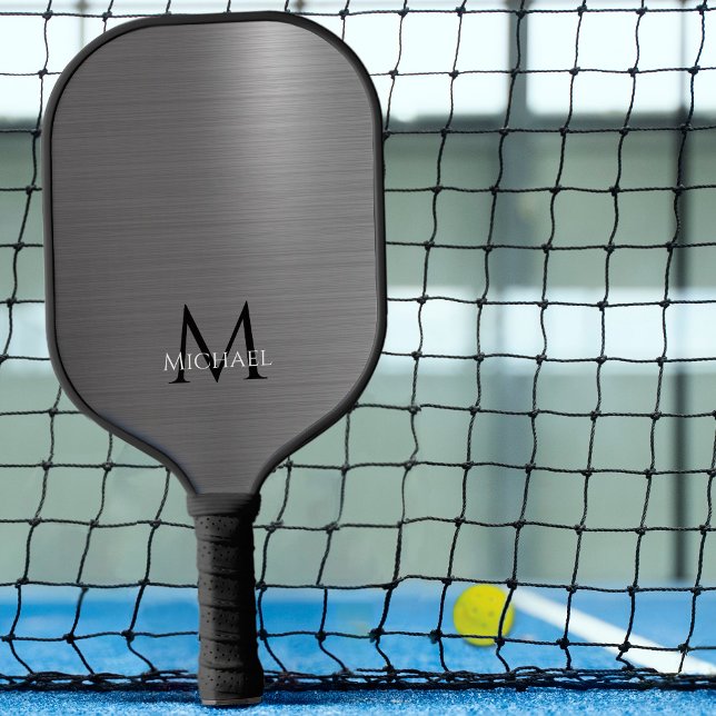 Monogram Name Initial Metallic Black Grey Elegant Pickleball Paddle (Creator Uploaded)